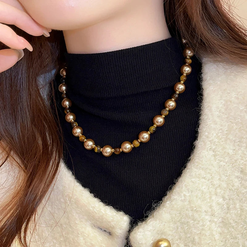 Natural Tiger's Eye & Pearl Bead Necklace for Women Sexy Sweater Chain Pendant Fashion Jewelry Milanni Fashion