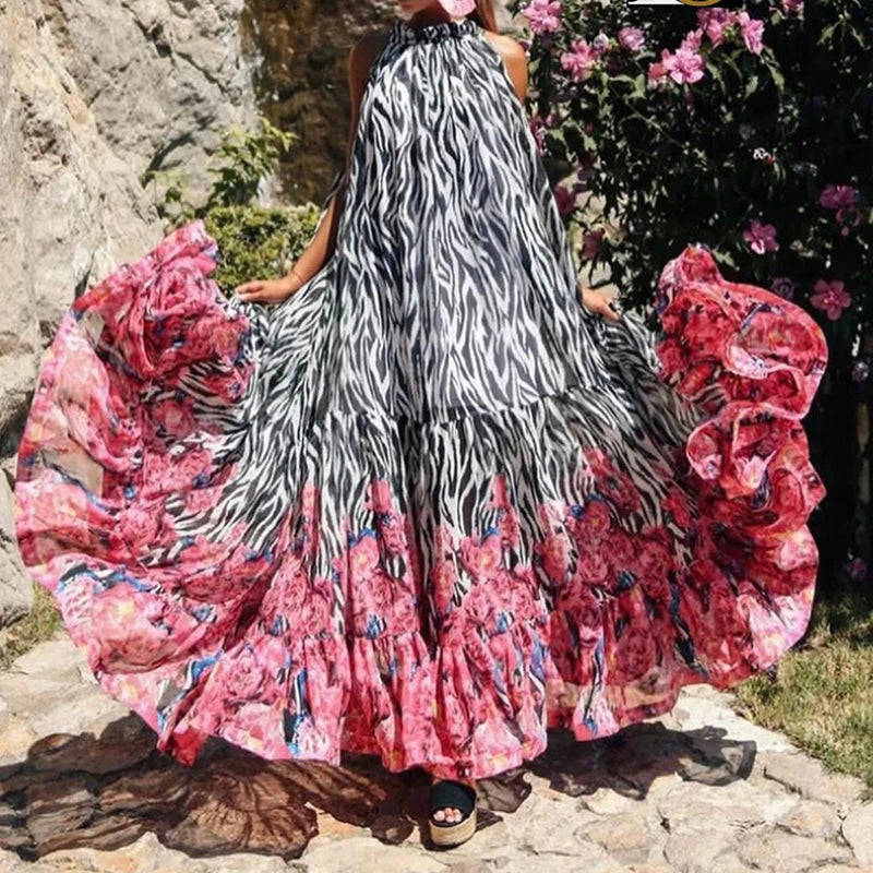 Women Fashion Bow Straps High Waist Pleated Beach Dress Chiffon Casual Floral Print Bohemian Long Dress Maxi Dress Milanni Fashion   