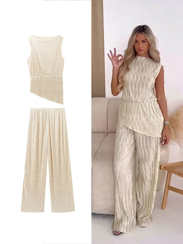 Fashion Pleated Solid Color Sleeveless Top and Pant Set Trendy Elegant Two Piece Outfit for Women Two piece set Milanni Fashion