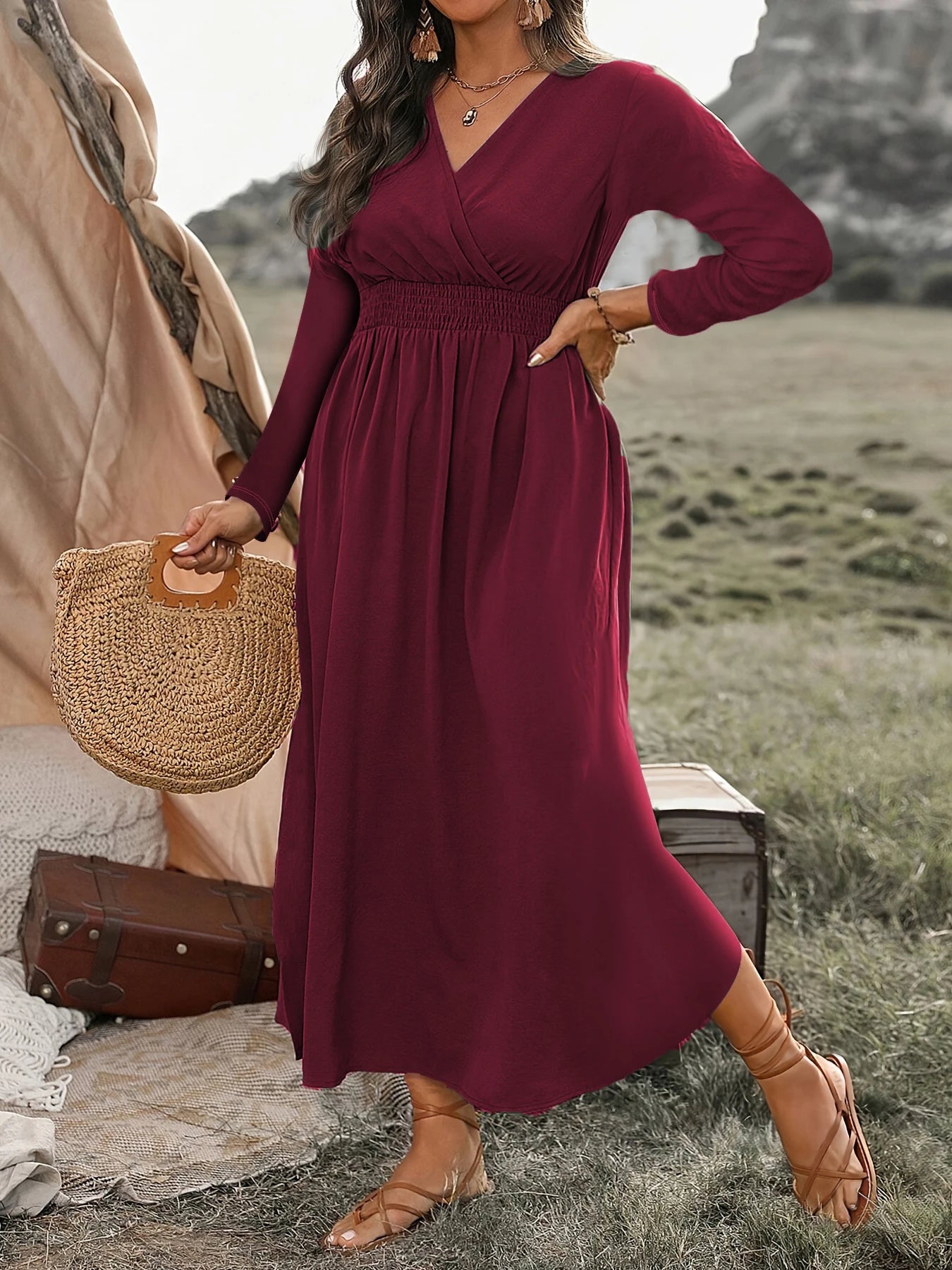 Cross-border Plus Size Autumn New Fashion V-neck Tunic Long Sleeve Dress Midi Dress Milanni Fashion   