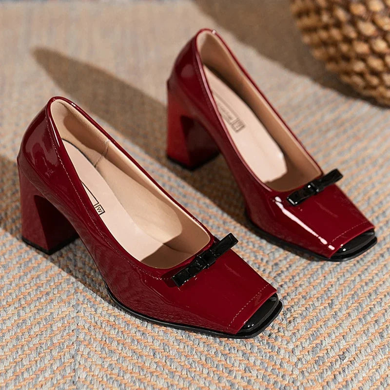 Square Toe High Heels Bow Leather Chunky Loafers Luxury Pumps Stylish Elegant Shoes for Women Milanni Fashion Red 38