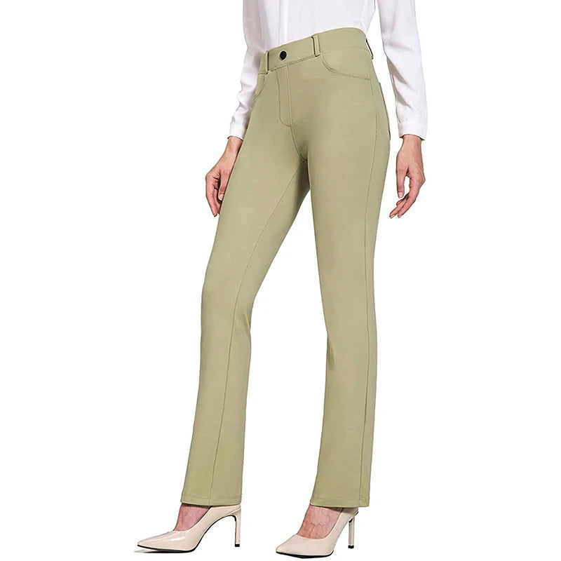 Solid Color High Waist Wide Leg Pants Elastic Flared Trousers with Pockets for Casual Outings Milanni Fashion Green S United States