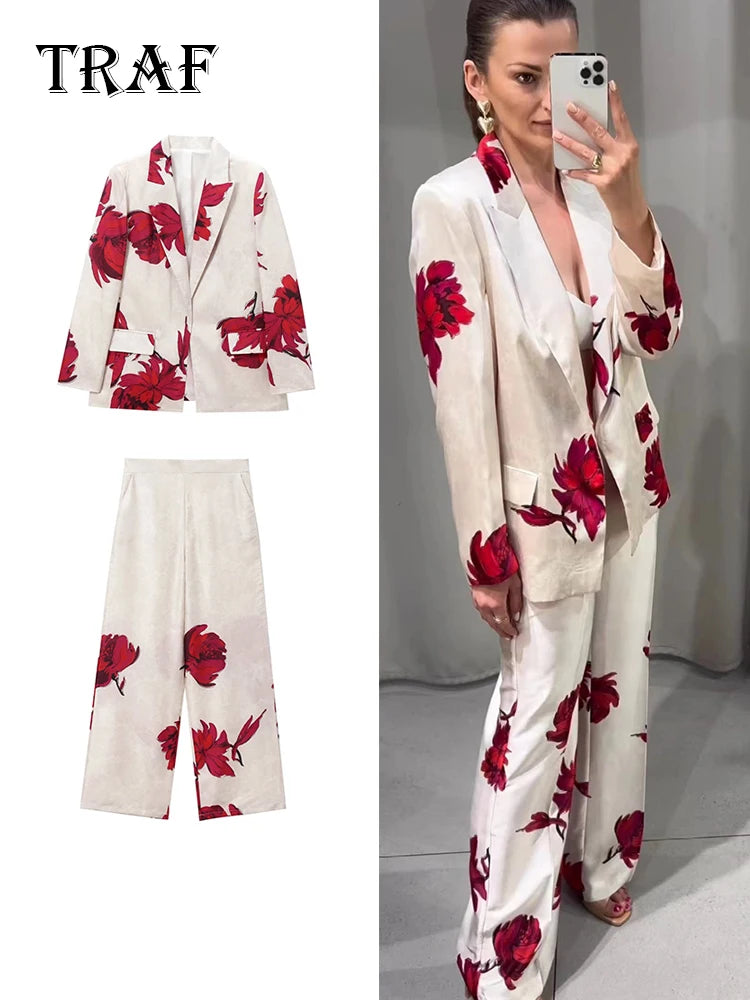 Elegant Print Blazer Suit and Wide Leg Pants Two Piece Set Two piece set Milanni Fashion   