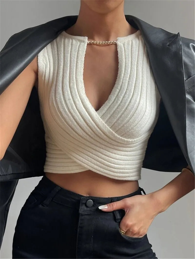 Autumn Women Hollow Out Criss Cross Ribbed Knit Sleeveless Halter Crossfit Crop Top  Milanni Fashion   