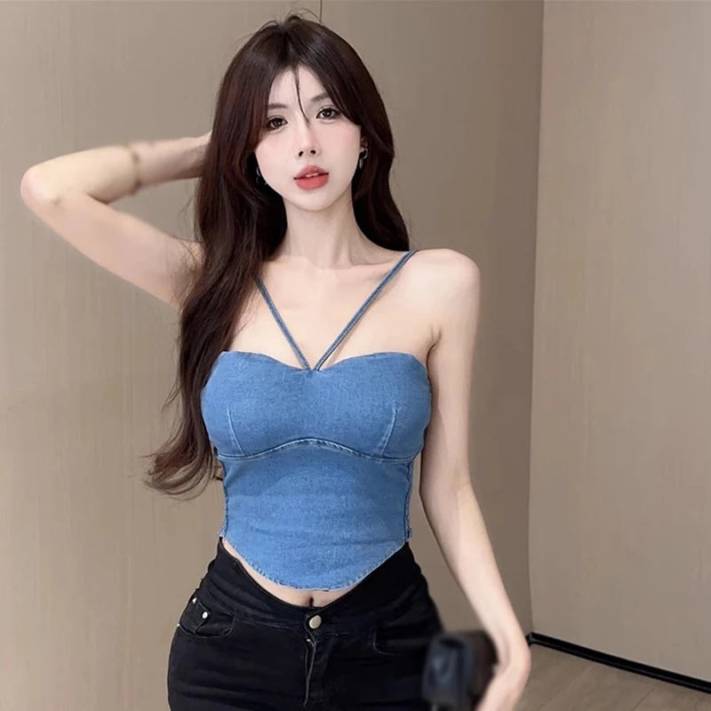 Denim Camisole Slim Tank Top with Built-In Bra Trendy Jeans Crop Top for Stylish Casual Wear Milanni Fashion