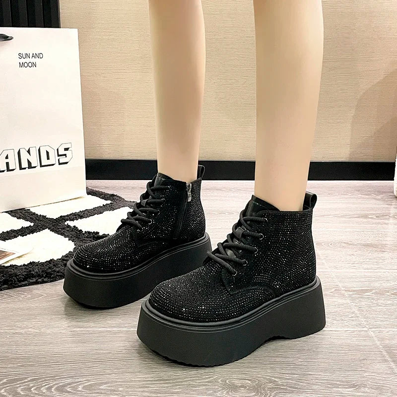 Lace up Casual Sports Shoes Full Diamond Thick Bottom Luxury Women's Boots  Milanni Fashion   