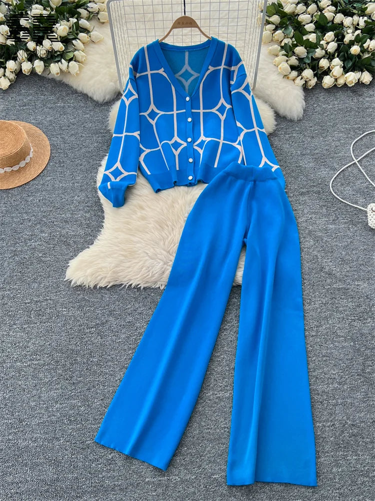 Single Breasted Cardigan and Wide Leg Long Pants Fashion Suit Knitted Two Piece Set Stylish and Comfortable Milanni Fashion