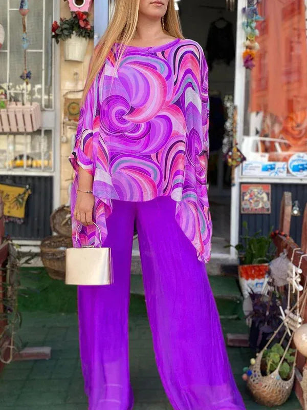 Colorful Pattern Printed Chiffon Long Sleeve Loose Top and Wide Leg Pants Set Fashionable Women’s Outfit Milanni Fashion Purple XXXL