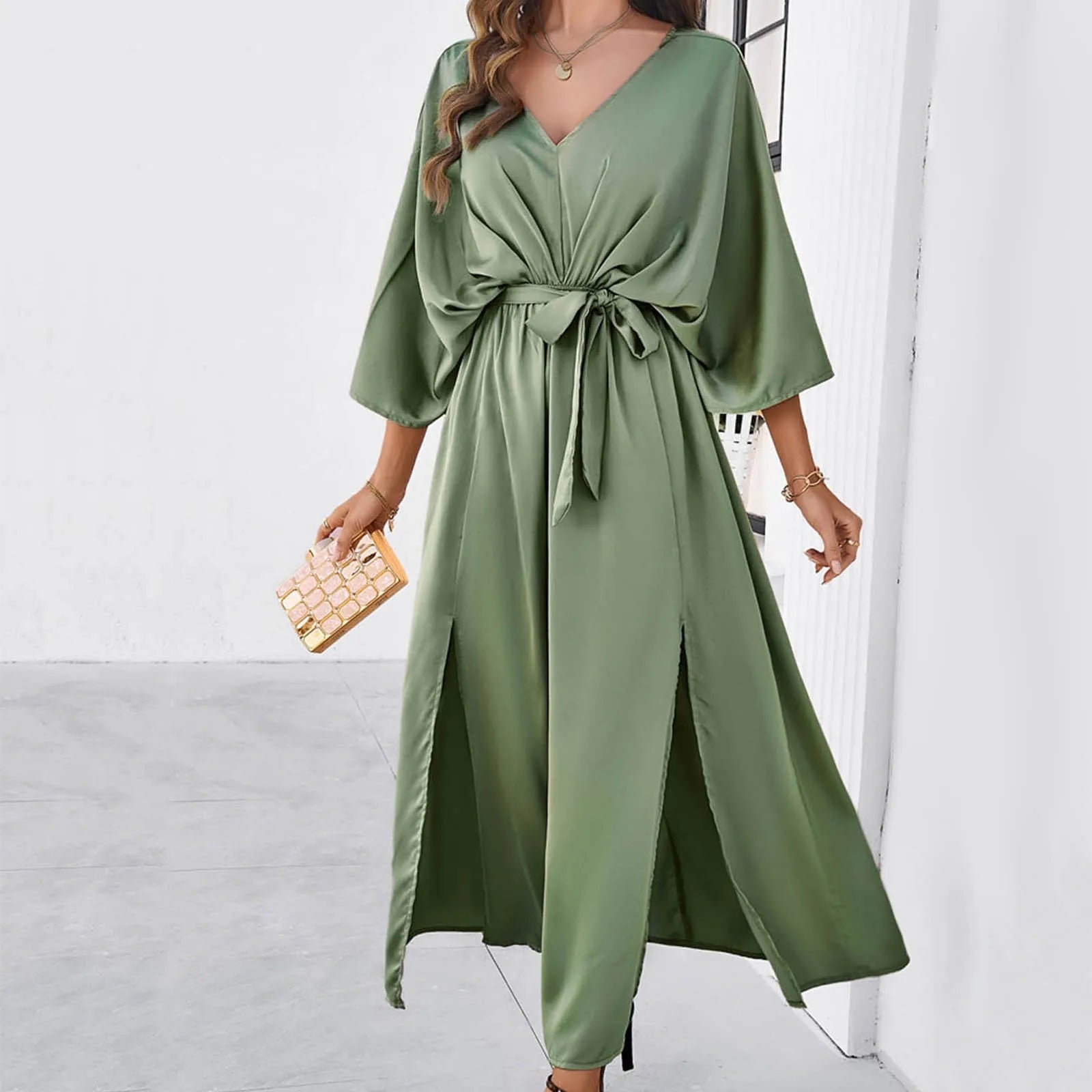 Temperament Women's Solid Color Slim Long Dress V Neck Half Sleeve Split Dress Maxi Dress Milanni Fashion   