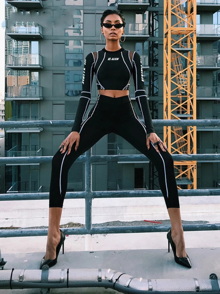 Elastic Cool Matching Sets Long Sleeve Cropped Top & Pants Two Piece Striped Sportswear Milanni Fashion