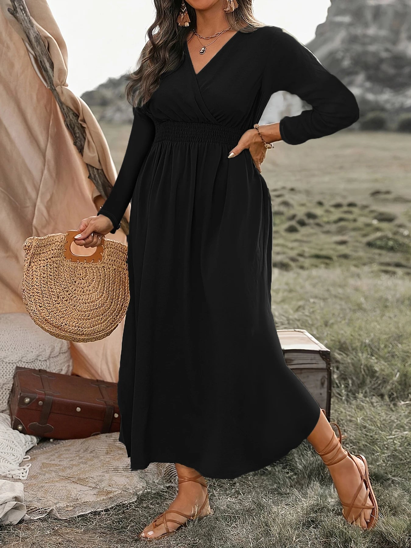 Cross-border Plus Size Autumn New Fashion V-neck Tunic Long Sleeve Dress Midi Dress Milanni Fashion   