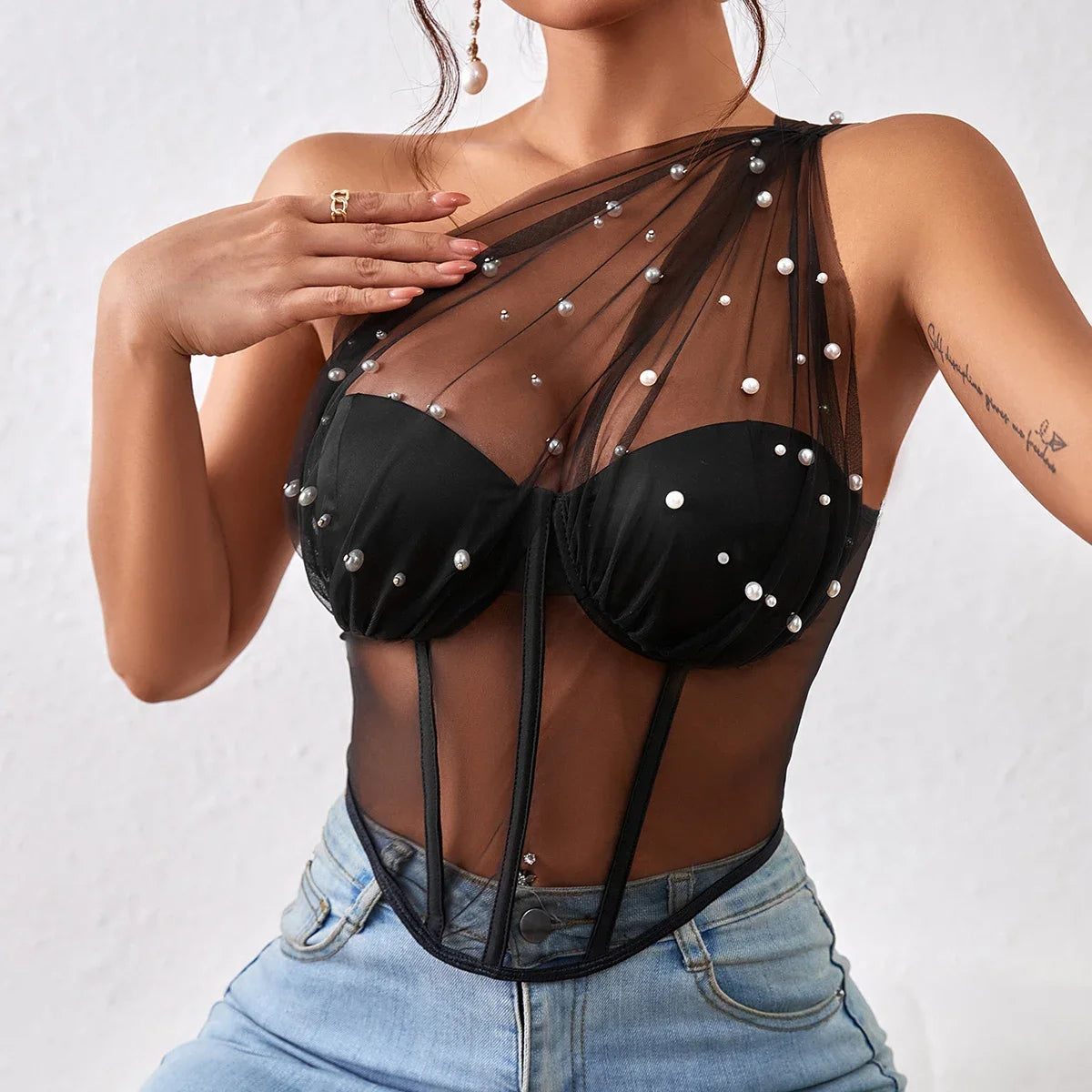 Backless Lace Up Crop Top, Pearl Chain Decoration Sexy Hollowing Mesh See Through Asymmetrical Halter-neck Vest  Milanni Fashion Black S 