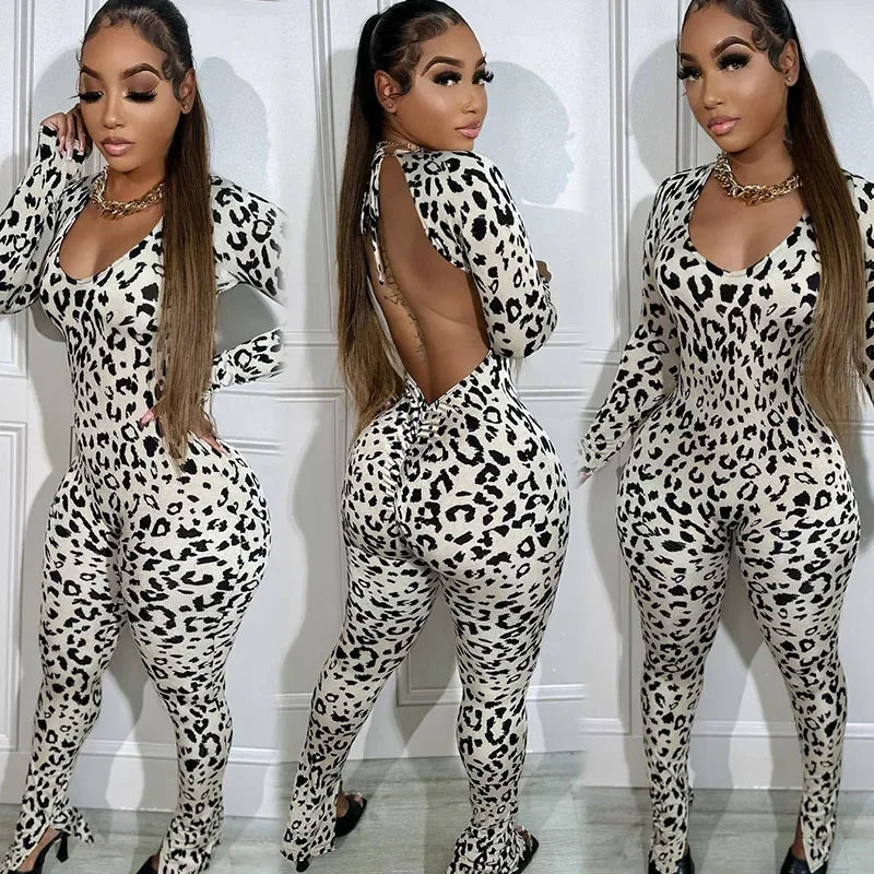 Sexy Open Back Leopard Jumpsuit Women Long Sleeve V-neck Skinny Split Flare Pants Romper Milanni Fashion