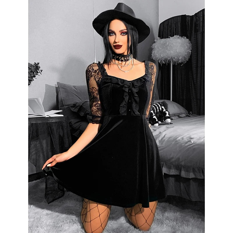 Gothic Lace Splicing Dress Women's Dark Style Directional Design Trendy Short Dress Milanni Fashion