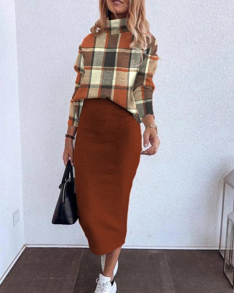 Elegant Turtleneck T-Shirt and Skirt Two-Piece Set Printed Top with Pencil Dress Stylish Outfit for Women Milanni Fashion Coffee M