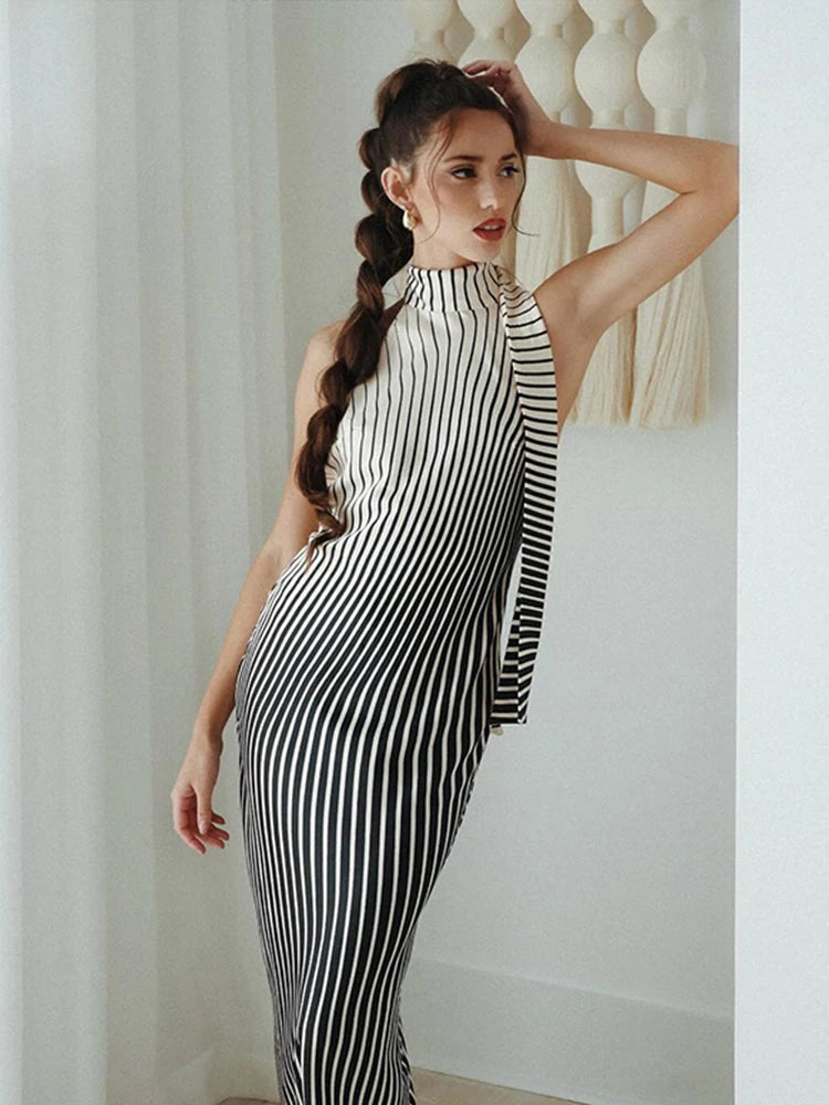 Striped Sexy Slim Fit Backless Dress Skinny Lace up Sleeveless Robe Summer Lady Chic Evening Party Dress Maxi Dress Milanni Fashion   