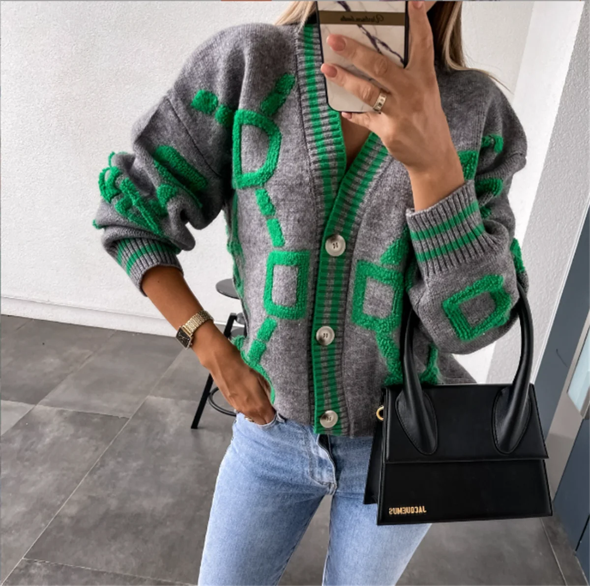 Single Breasted Knitted Cardigan V Neck Women's Outerwear Long Sleeve Sweater  Milanni Fashion GRAY One Size 