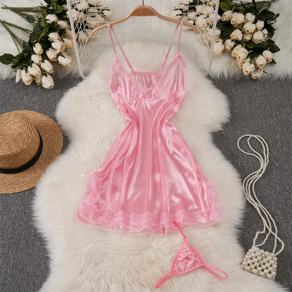 Solid Lace Patchwork Slim Sleeping Dress V-Neck Bow A-Line Casual Dress  Milanni Fashion Pink M 