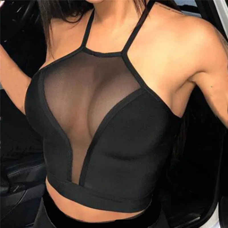 Sexy Mesh Crop Top Summer Women Casual Tank Top  Milanni Fashion black L 