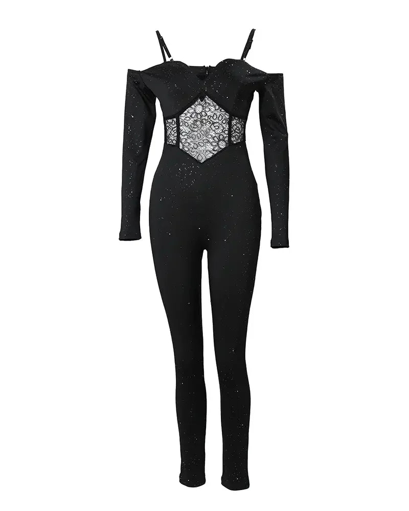 Sexy Party Night Out Jumpsuit Plain Glitter Cold Shoulder Long Sleeve Lace Corset Skinny Jumpsuit Milanni Fashion