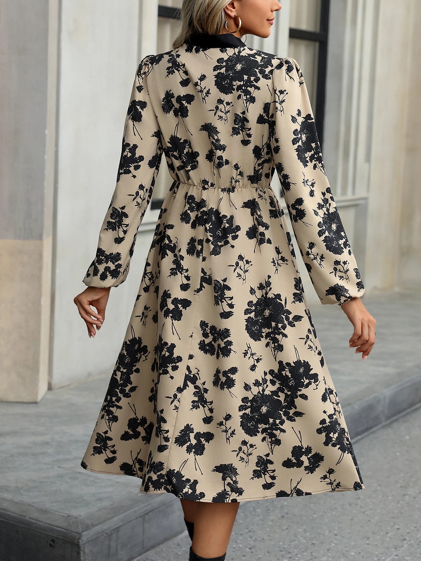 Fashionable Elegant Floating Collar Printed Waist Cinched A-line Long Sleeve Dress for Women Milanni Fashion