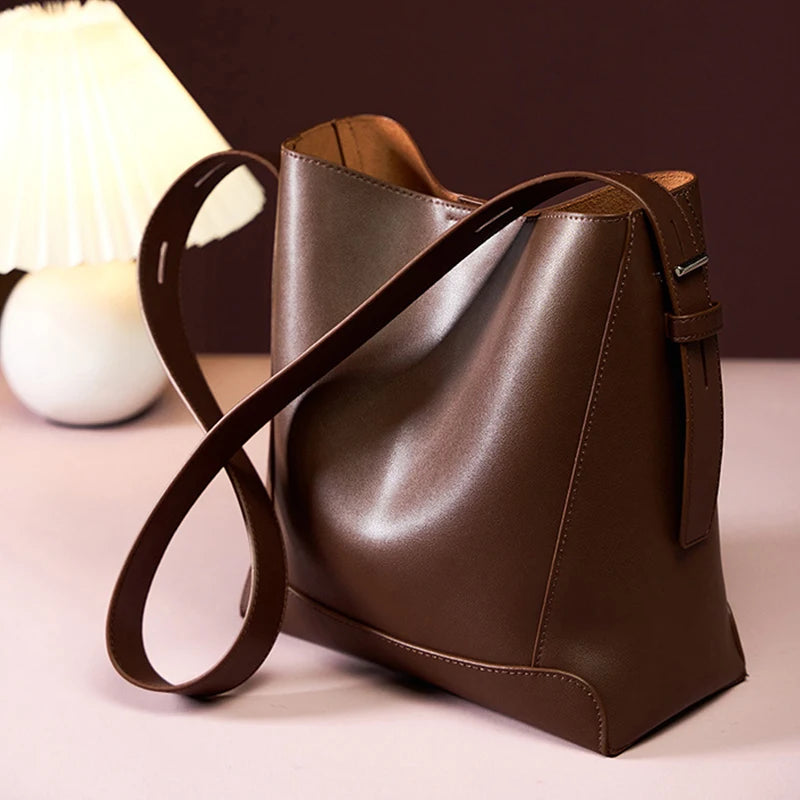 Genuine Leather Large Capacity Cowhide Bucket Bag Fashion Casual Crossbody Bag for Women Milanni Fashion