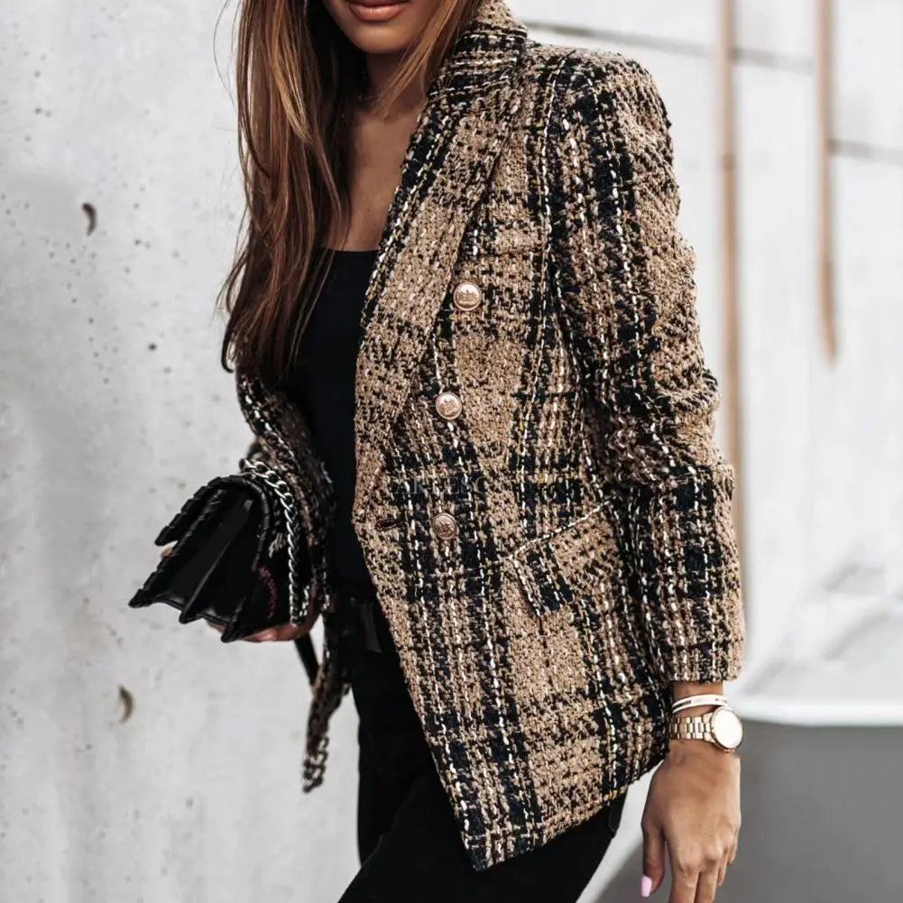 Blazer Plaid Print Lapel Long Sleeves Autumn Blazer Thick Double-Breasted Cardigan Stylish Outerwear Milanni Fashion