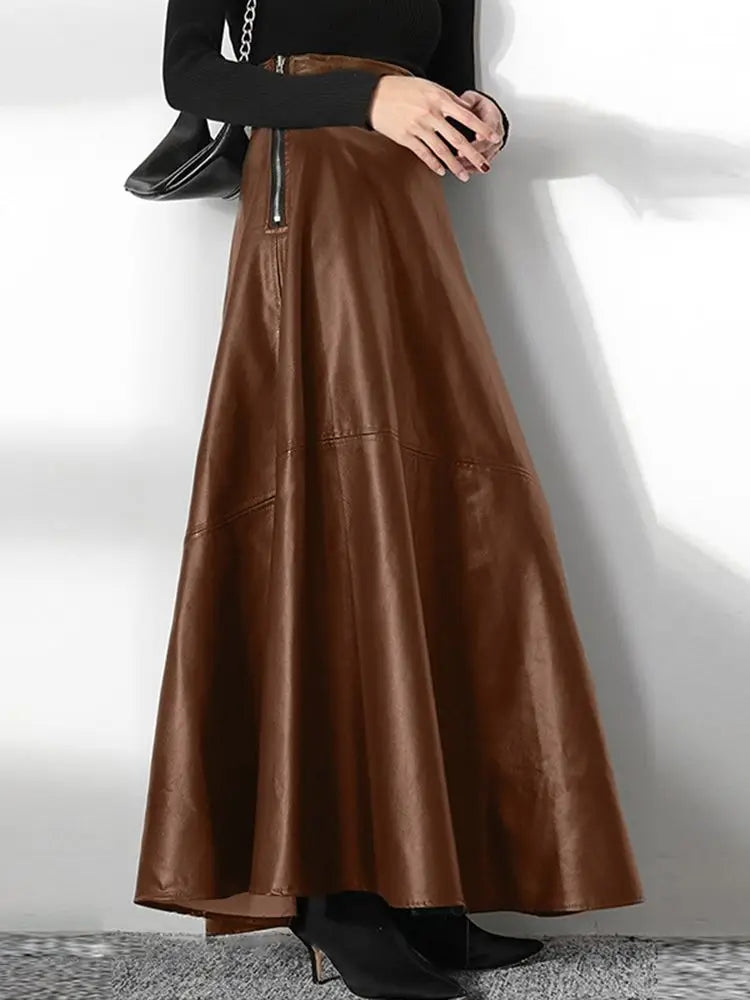 PU Leather Maxi Skirt Spring Elegant OL High Waist Zipper Solid Casual Fashion Skirt Milanni Fashion