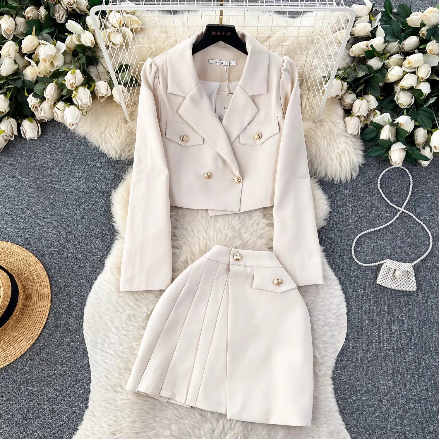 Crop Top Blazer & Mini Skirt Sweet Suit Ensemble Women's Fall Vintage Two Piece Set Milanni Fashion Beige S