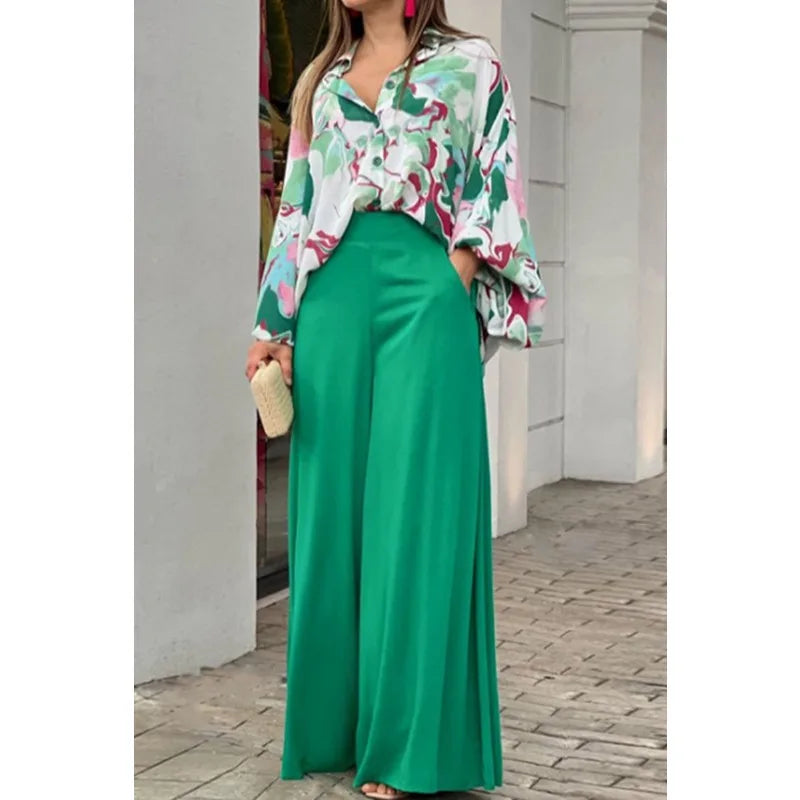 Elegant Autumn Winter Loose Print Long Lantern Sleeve Button Shirt Top Wide Leg Pant Outfit  Milanni Fashion   