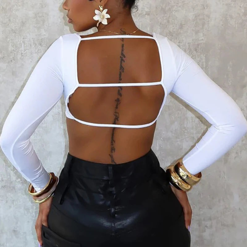 Sexy Cross Bandage Backless Long Sleeve Crop Top Women Bare Midriff Bottoming Tee Shirt Milanni Fashion