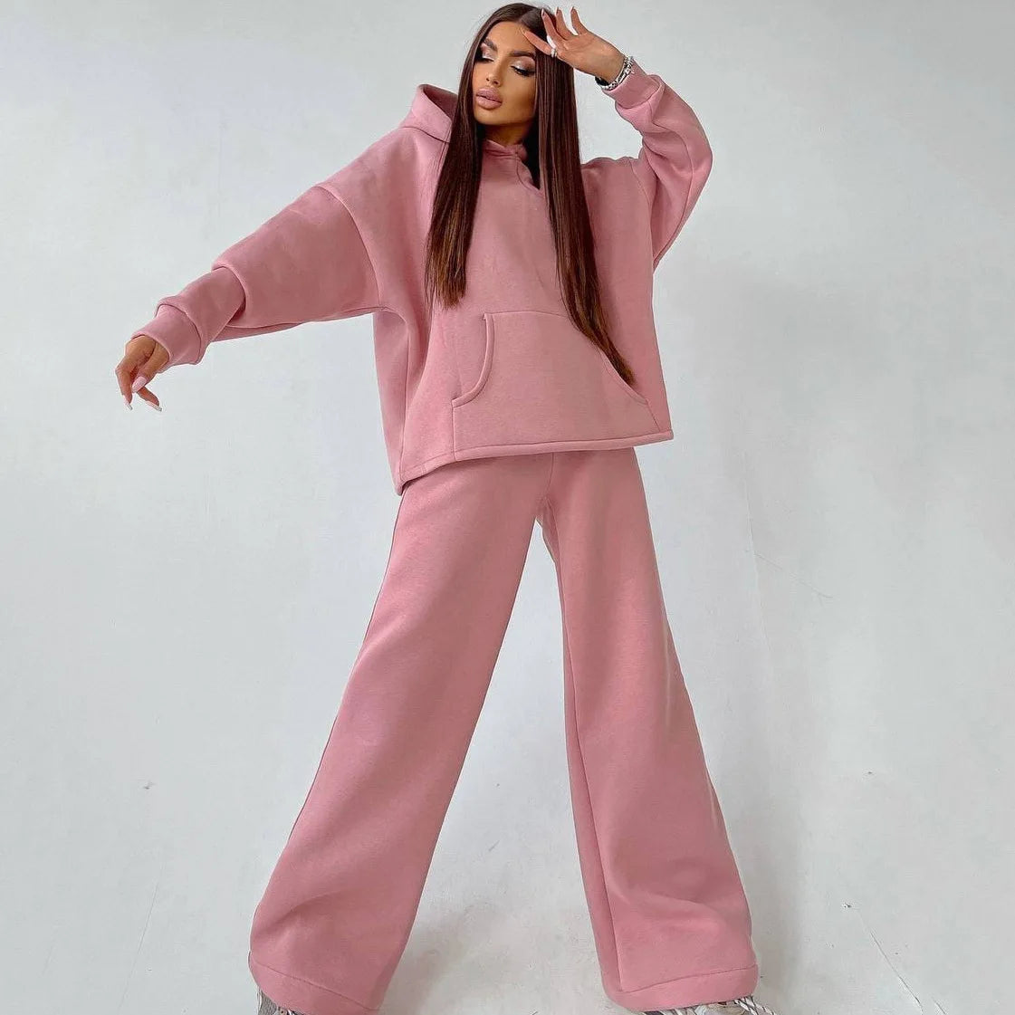 Hooded Pocket Hoodie Set Loose Top Wide Leg Trousers Casual Two-Piece Outfit for Women Milanni Fashion Pink XL