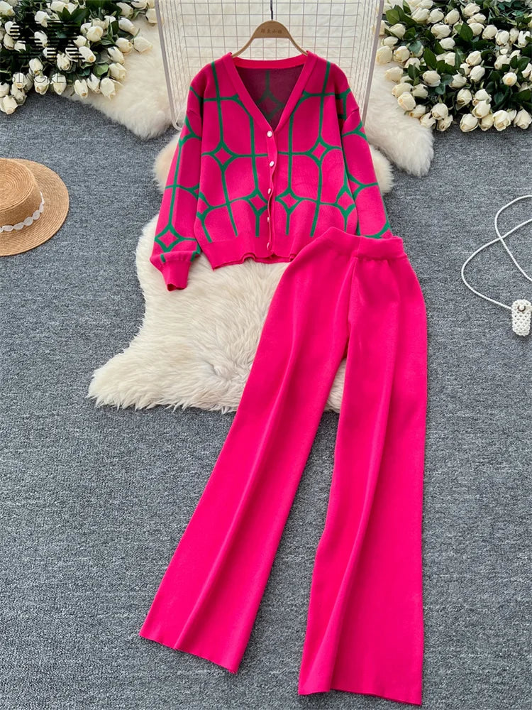 Single Breasted Cardigan and Wide Leg Long Pants Fashion Suit Knitted Two Piece Set Stylish and Comfortable Milanni Fashion Pink One Size