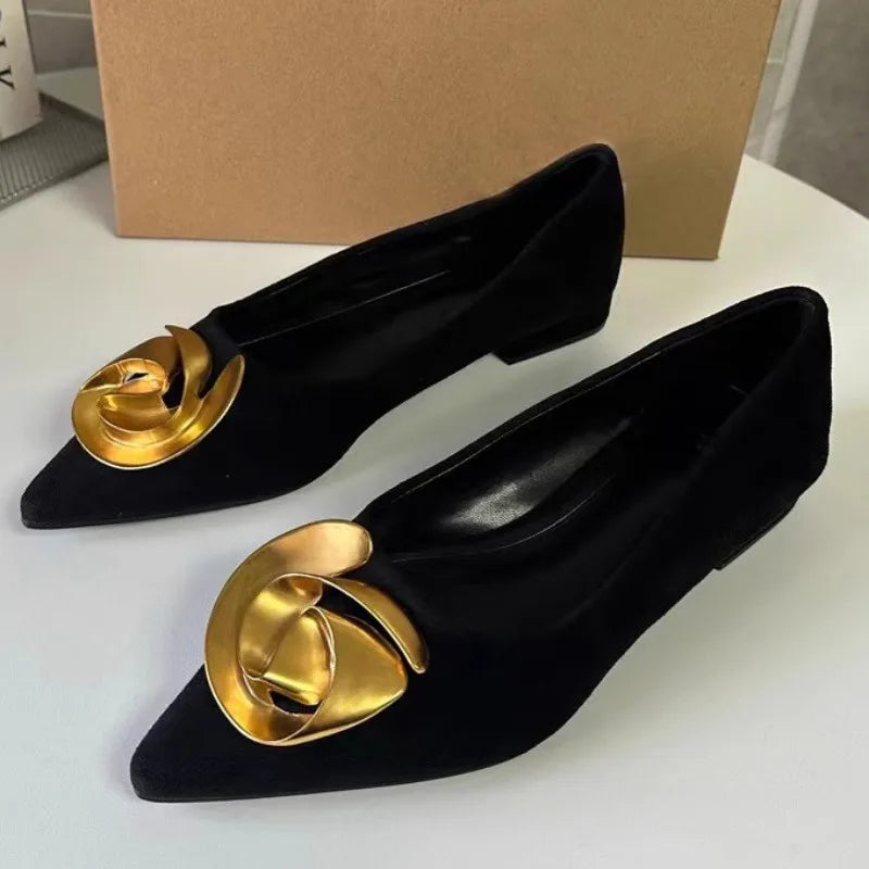 Pointed Toe Women's Flats Elegant Black Shoes with Trendy Metal Flower Design for a Luxury Look Milanni Fashion