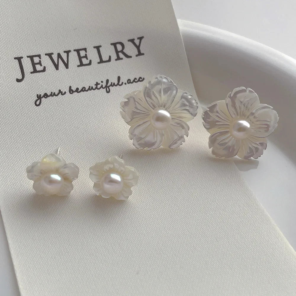 White Natural Shell Flower Stud Earrings for Women 14K Gold Plated Brass with Freshwater Pearl Design Milanni Fashion