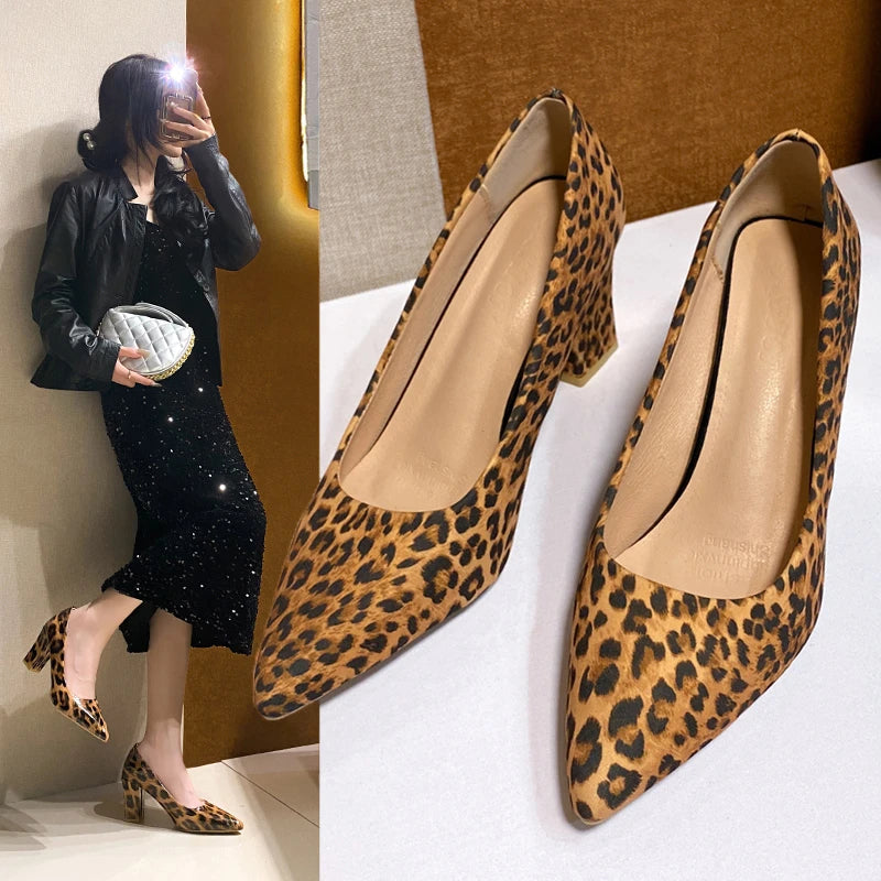 Leopard Pointed Toe Women Shoes Shallow Pumps Fashion Spring New Sexy Dress Sandals Mid Heels Milanni Fashion Suede 35