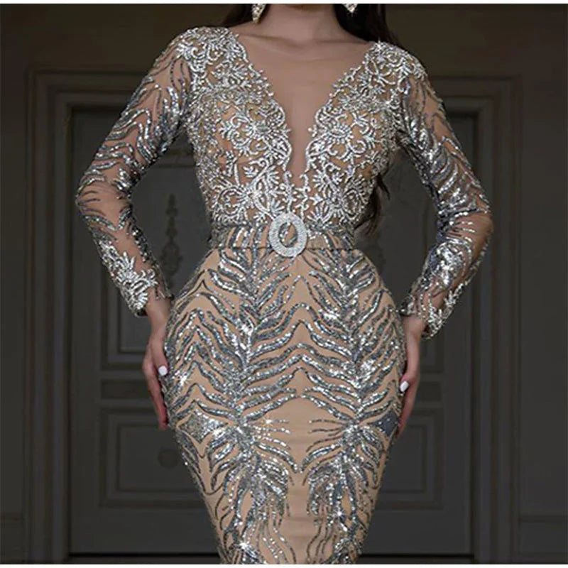 Women Solid Luxury Sequins Slim Dress Sexy Deep V-neck Long Sleeve Bodycon Dress Maxi Dress Milanni Fashion   