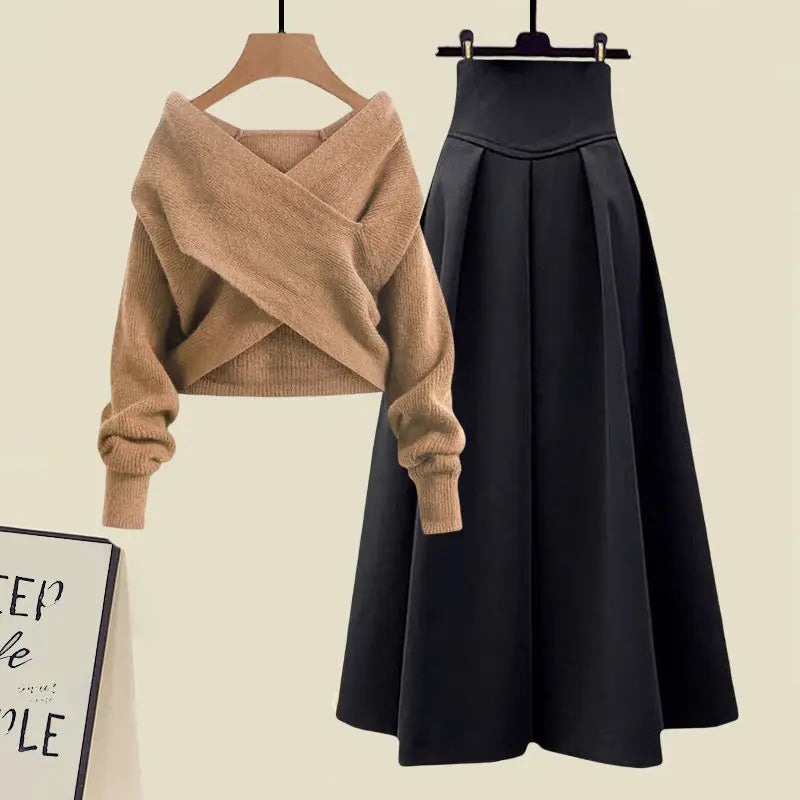 Cover Slim Sweater and Long Skirt Two-piece Set - Women's Spring Suit  Milanni Fashion Camel and black XL  60-70KG CHINA