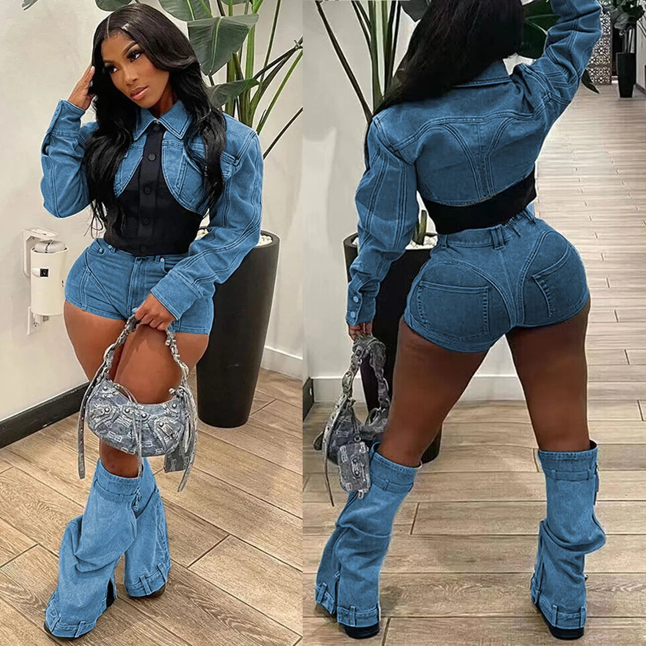 Denim Two Piece Set Cropped Top and Biker Shorts Summer Denim Tracksuit for Women Casual Outfit Milanni Fashion Blue M