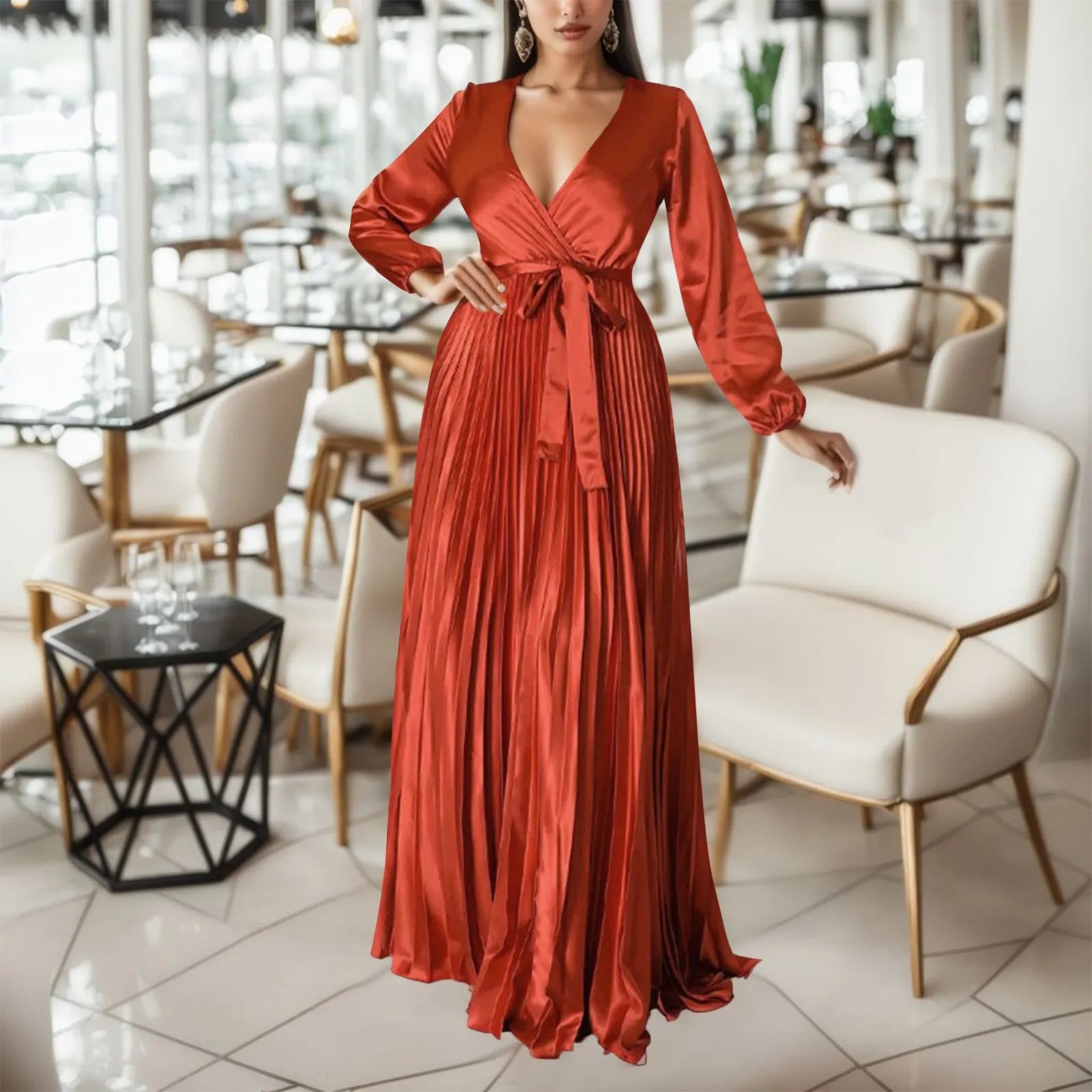 Sexy Pleated Evening Party Dress Women Solid Color Elegant Robe with Belt Maxi Dress Milanni Fashion   