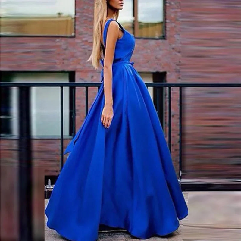 Sexy Deep V-Neck Backless Bow Women Party Dress Elegant Sleeveless A-Line Femme Ball Prom Dress for Women Maxi Dress Milanni Fashion Blue XXL