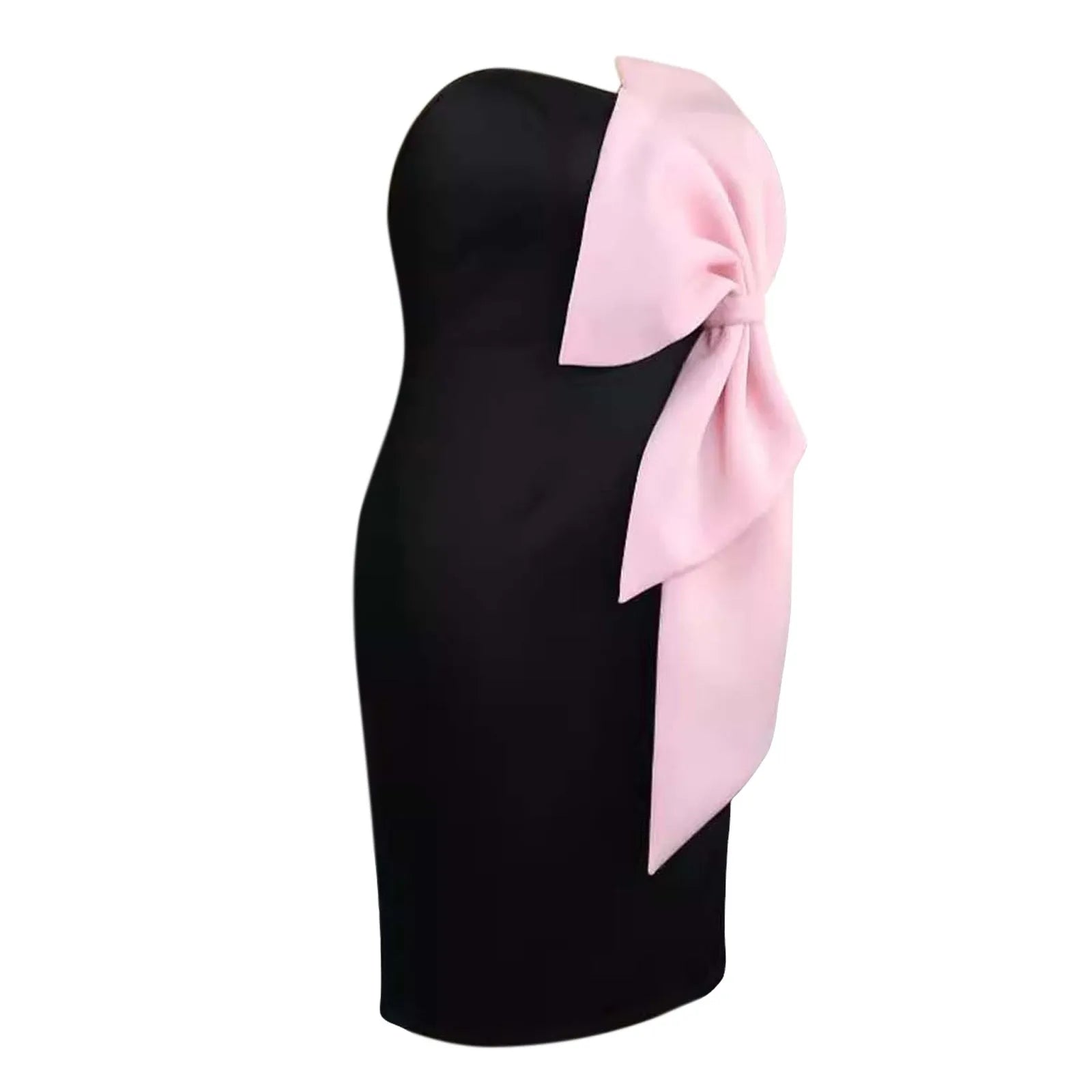 Tube Top Black Pink Big Bow Patchwork Bodycon High Waist Plus Size Midi Gown Elegant Formal Dress Milanni Fashion