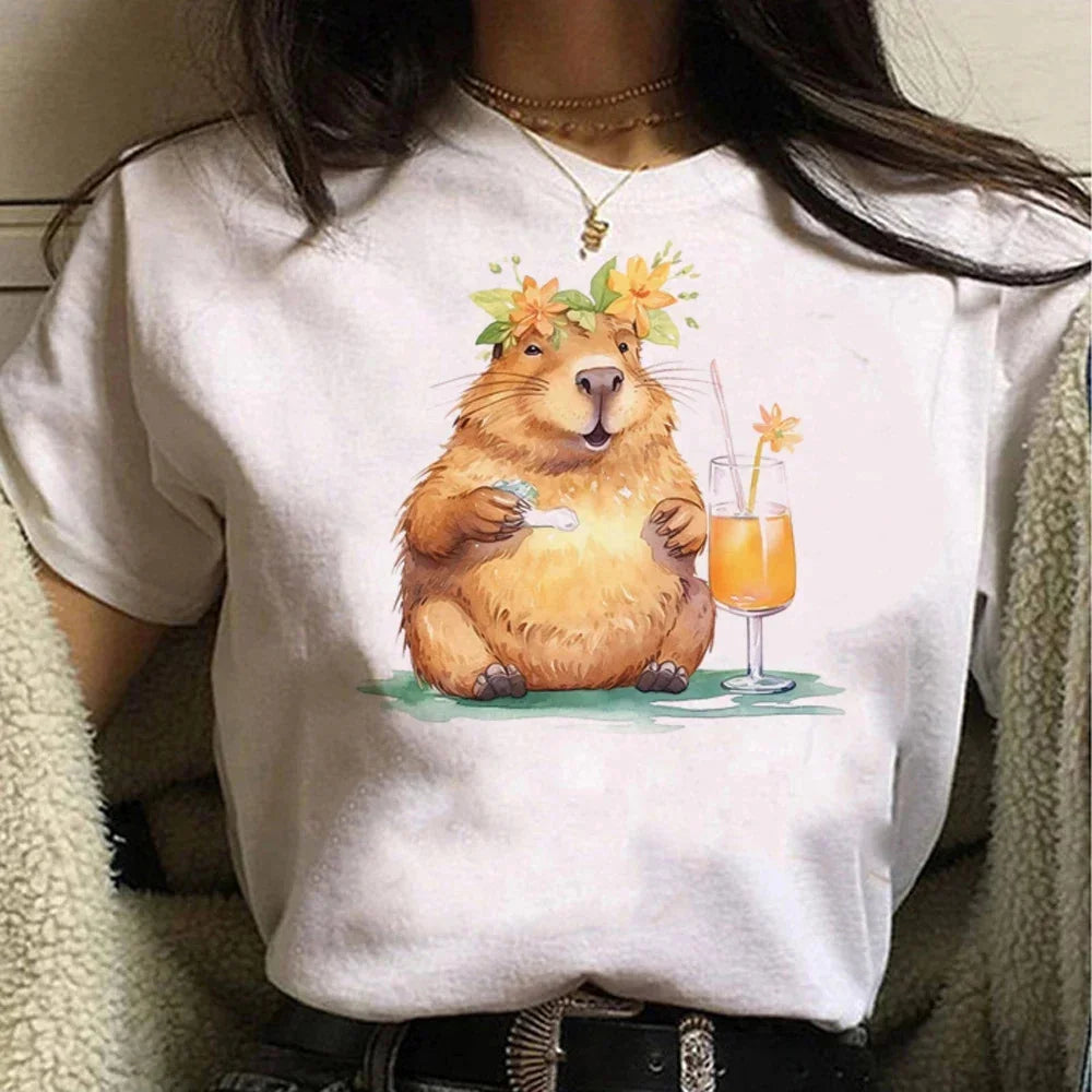 Cute Capybara Cotton T-Shirt for Women Vintage Cartoon Graphic Tee Top Casual Stylish Apparel Milanni Fashion