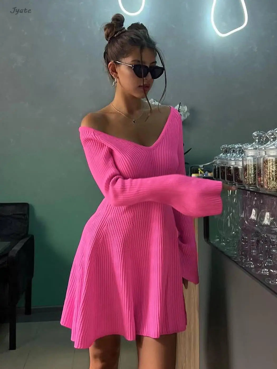 V-neck Long Sleeve Sexy Short Dress Knitted A-line Pleated Backless Solid Color Women Fall Fashion Milanni Fashion Pink L