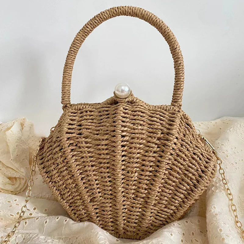 Shell Shaped Small Messenger Bag Rattan Woven Beach Fashionable Crossbody Bag  Milanni Fashion Khaki  