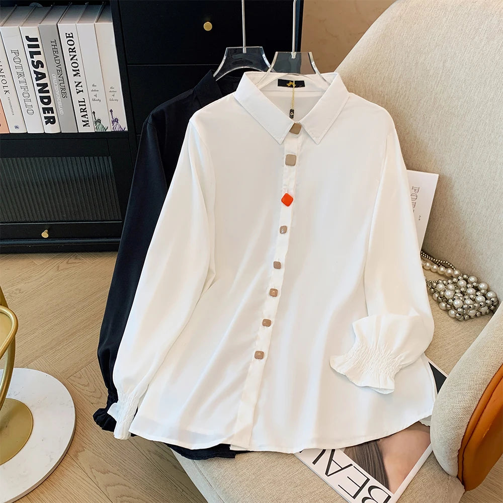 Plus-Size Women's Chiffon Shirt Long Sleeve Button-Up Business Casual Trendy Top Milanni Fashion