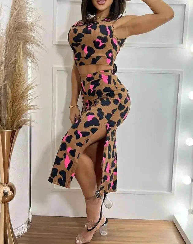 Women Sexy Skinny Elegant Leopard Print Tied Detail Top & Skirt Set  Milanni Fashion A M 