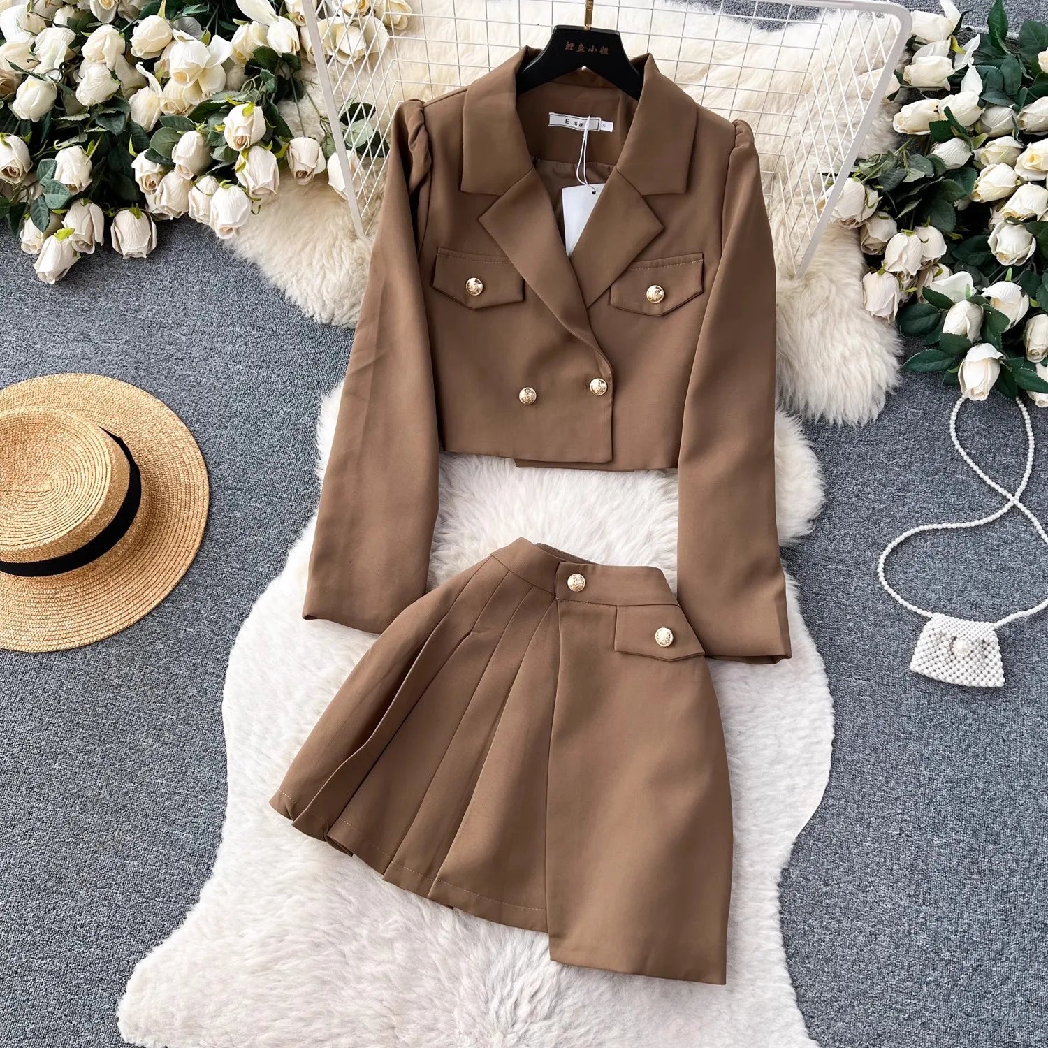 Crop Top Blazer & Mini Skirt Sweet Suit Ensemble Women's Fall Vintage Two Piece Set Milanni Fashion khaki XXL