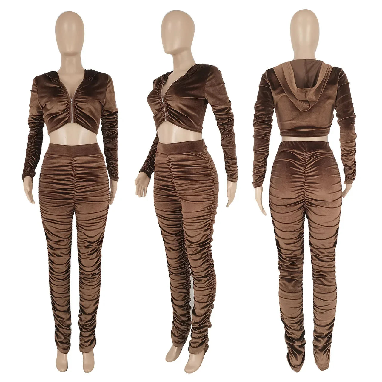 Brown Velvet Tracksuit for Women Sexy Two Piece Jogging Set Winter Sweatsuit Outfit  Milanni Fashion   