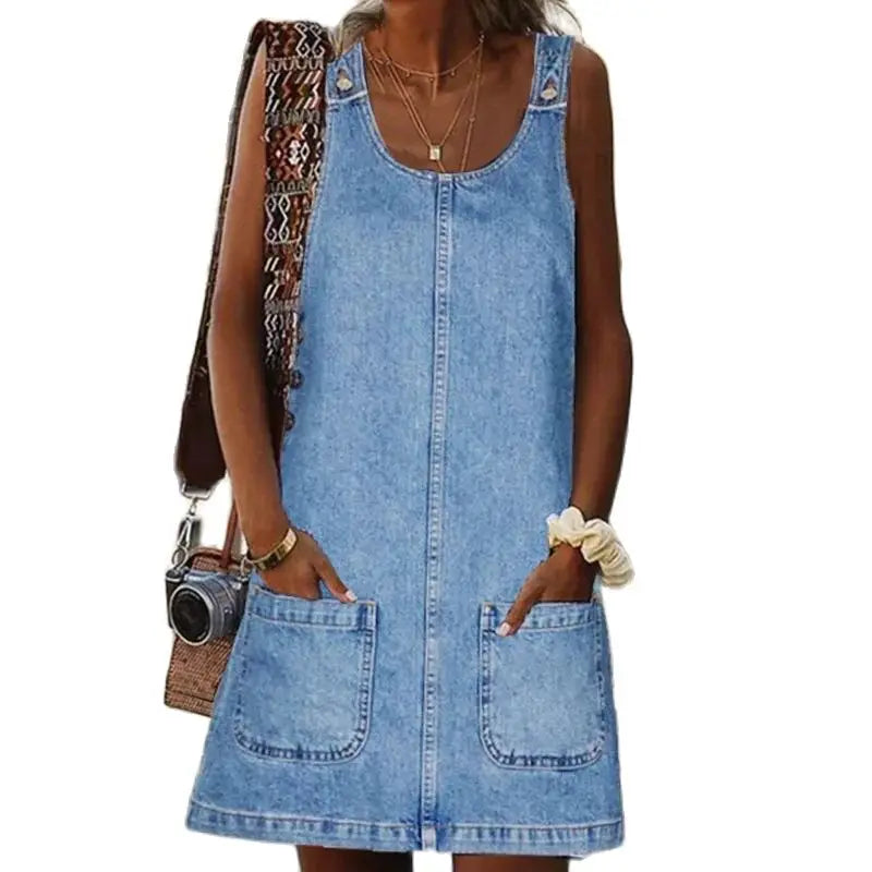 Button Patchwork Shoulder Strap Denim Dress with Double Pockets Sleeveless Casual Commuter Gown for Women Milanni Fashion